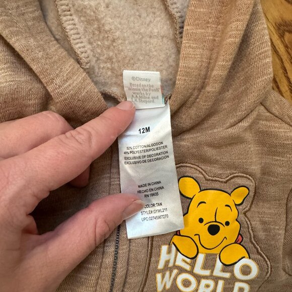 Disney Baby Winnie the Pooh "Hello World" Hood Zip Jacket Size 12M - Picture 3 of 5